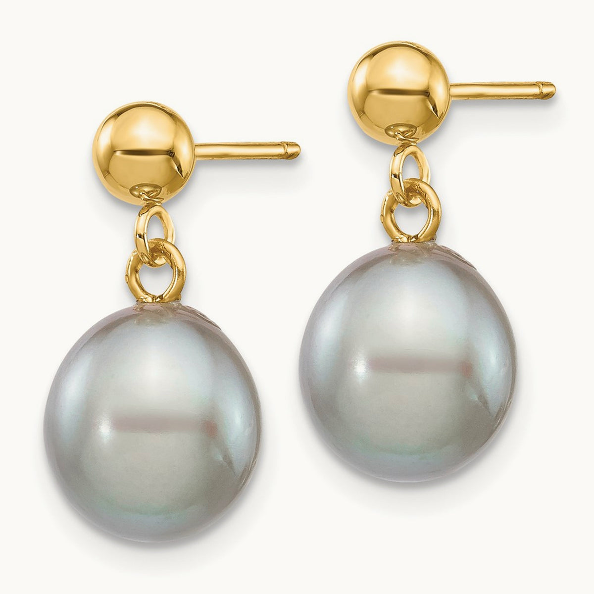 8- Grey Rice Freshwater Cultured Pearl Post Dangle Earrings, 9mm, 14K