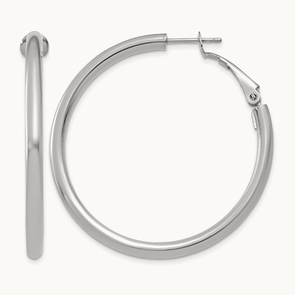 Polished Round Omega Back Hoop Earrings — 14K White Gold, 3x41mm