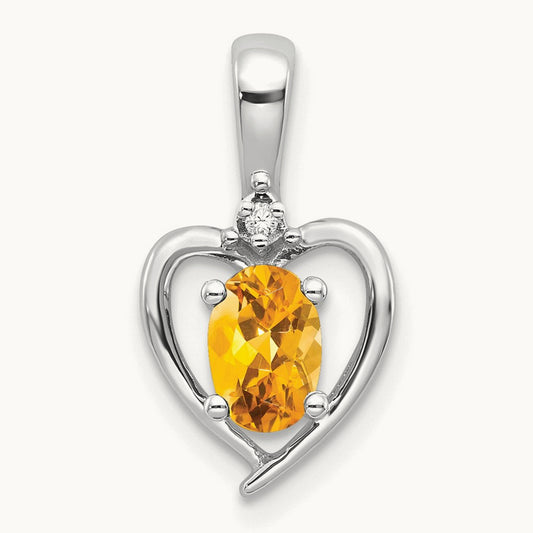 Citrine and Diamond Heart Pendant — 14K White Gold