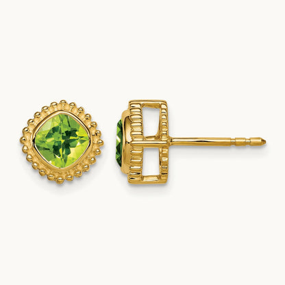 Cushion Peridot Earrings — 14K Yellow Gold