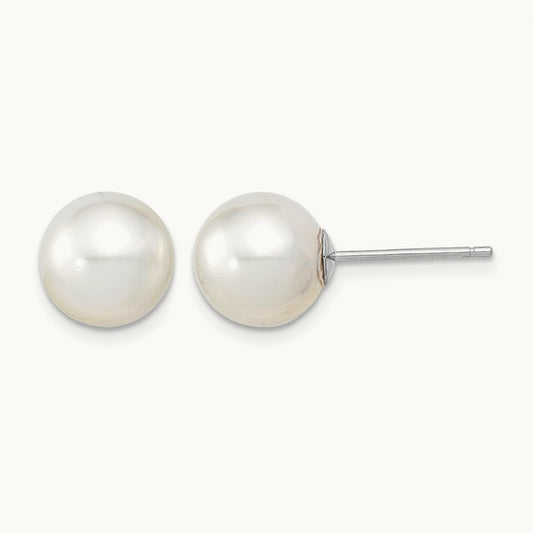 9- Round White Saltwater South Sea Pearl Earrings, 10mm, 14K White Gold