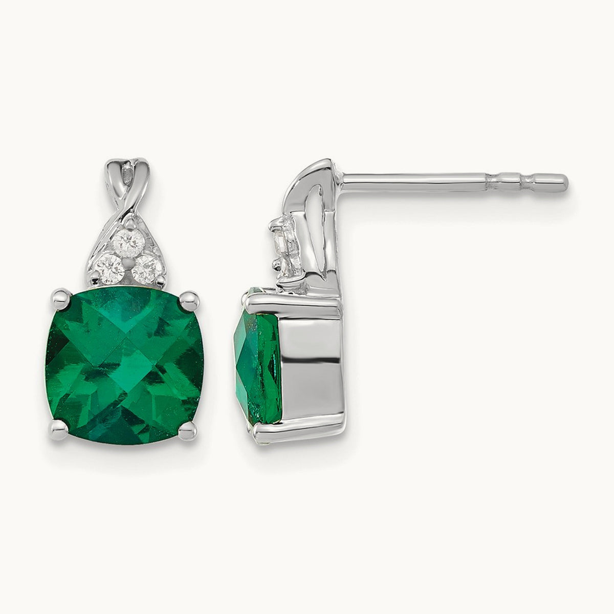 Checkerboard Created Emerald and Lab-Grown Diamond Earrings — 14K White Gold