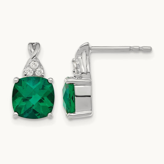 Checkerboard Created Emerald and Lab-Grown Diamond Earrings — 14K White Gold