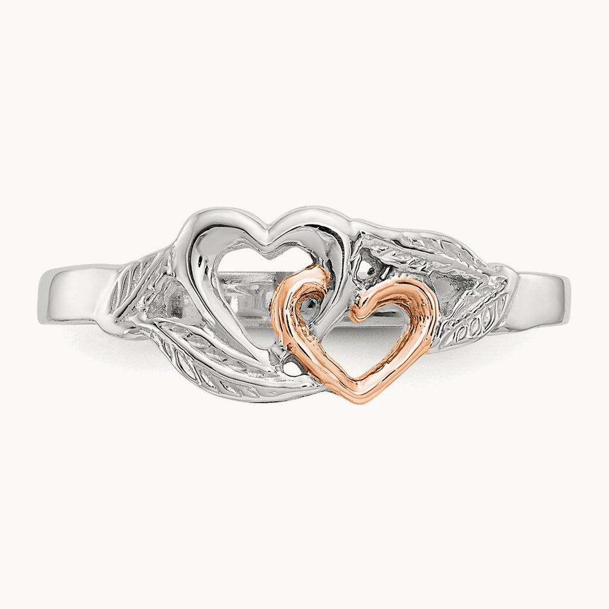 Plated Polished Hearts and Leaves Ring, 14K White with Rose Gold