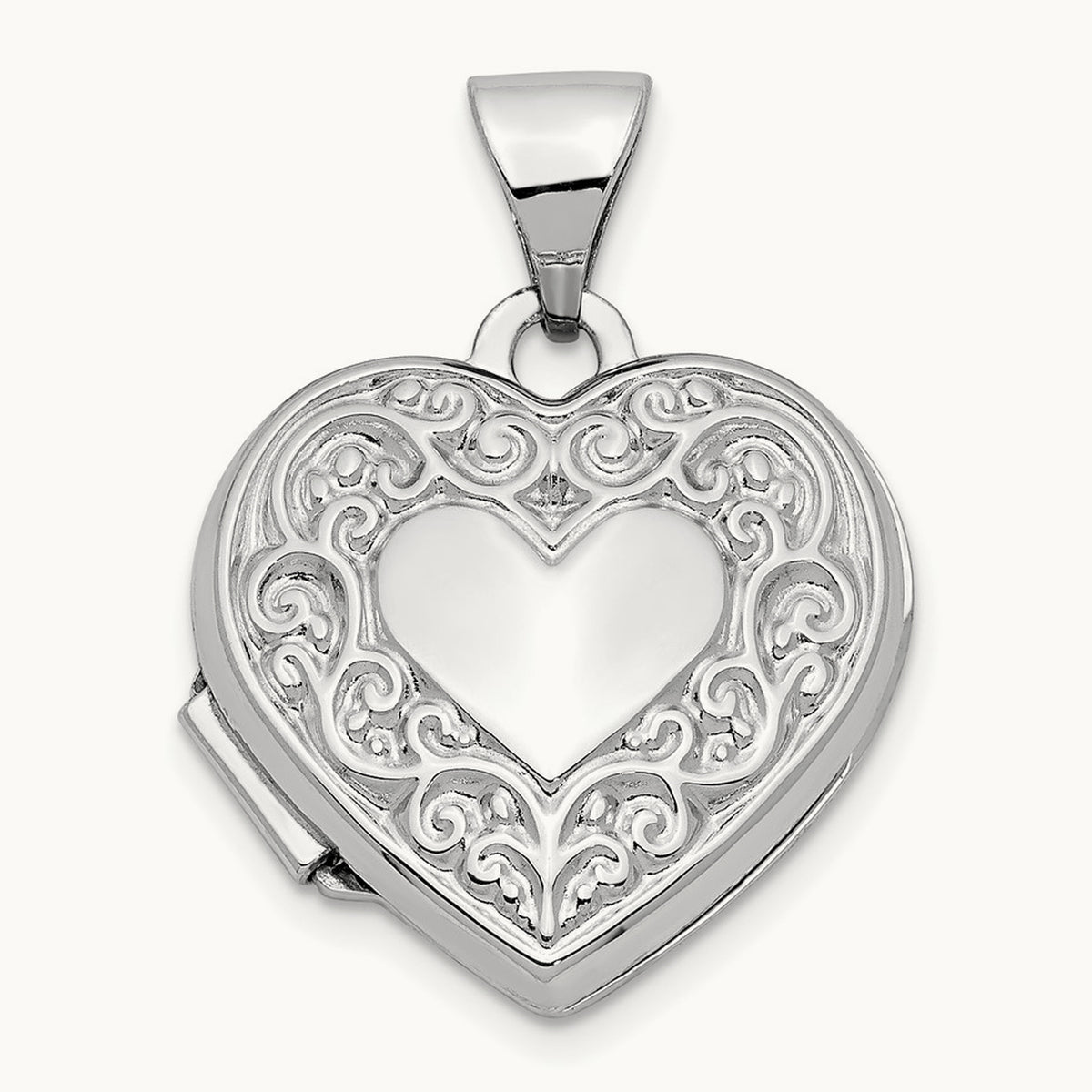 Scroll Pattern Heart Locket, 14K White Gold