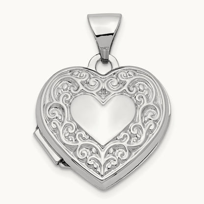 Scroll Pattern Heart Locket, 14K White Gold