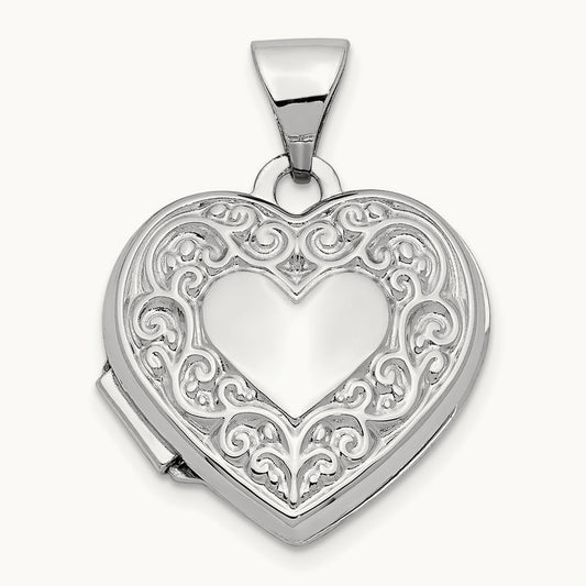 Scroll Pattern Heart Locket, 14K White Gold