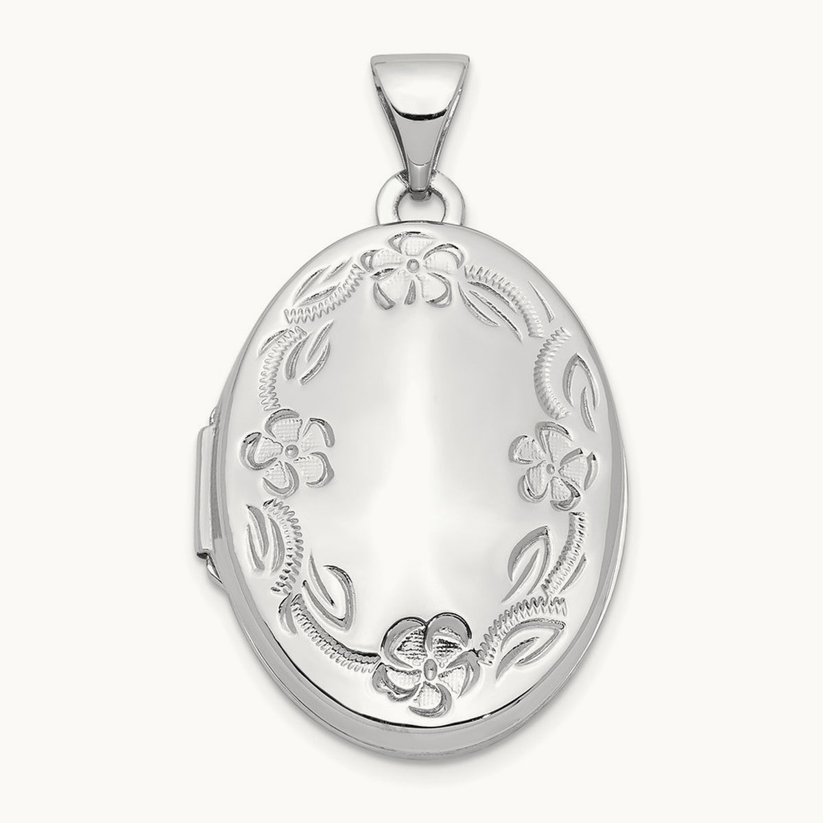 Oval Leaf Floral Scroll Border H/Eng Locket, 21mm, 14K White Gold