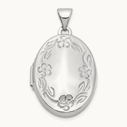 Oval Leaf Floral Scroll Border H/Eng Locket, 21mm, 14K White Gold