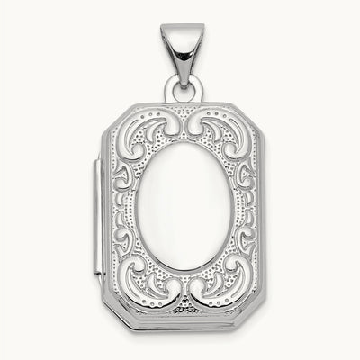 Book Scroll Border Locket, 20mm, 14K White Gold