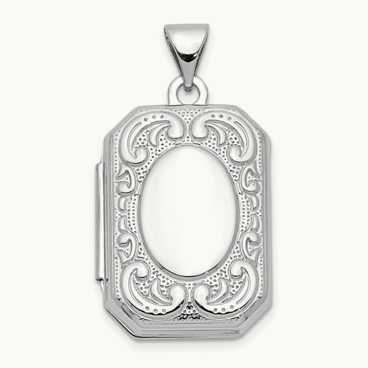 Book Scroll Border Locket, 20mm, 14K White Gold