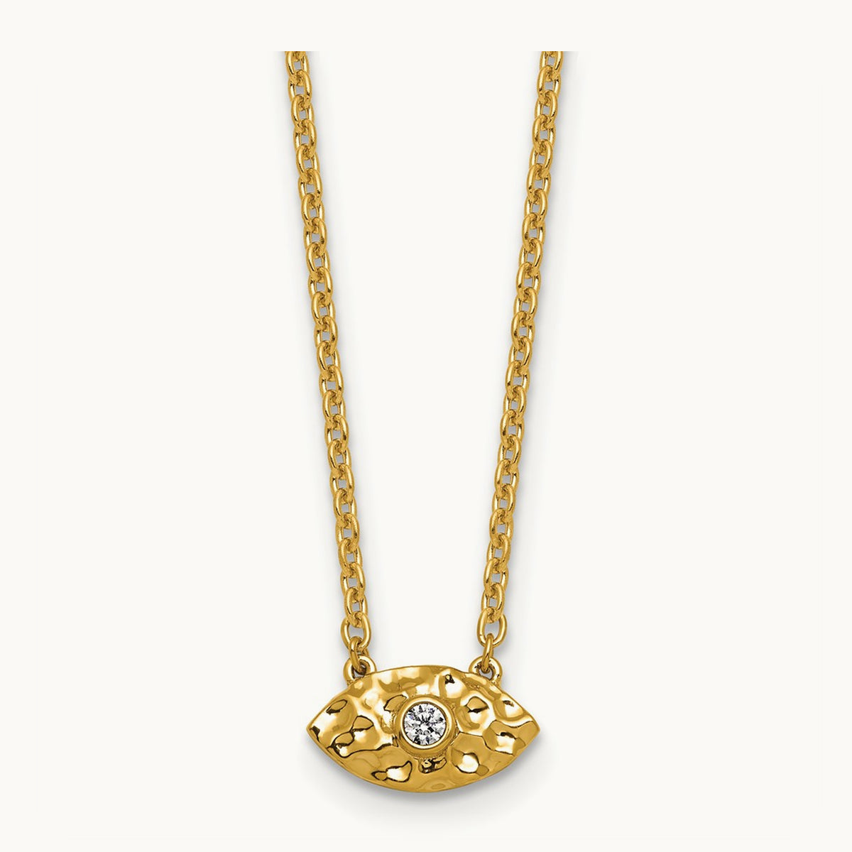 Polished and Hammered Diamond Evil Eye Necklace, 14K