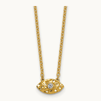 Polished and Hammered Diamond Evil Eye Necklace, 14K