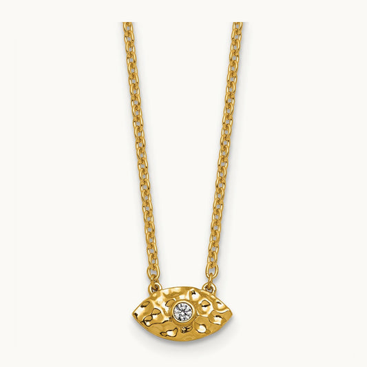 Polished and Hammered Diamond Evil Eye Necklace, 14K
