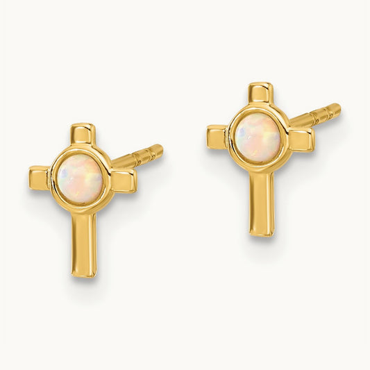 Created Opal Cross Post Earrings, 14K