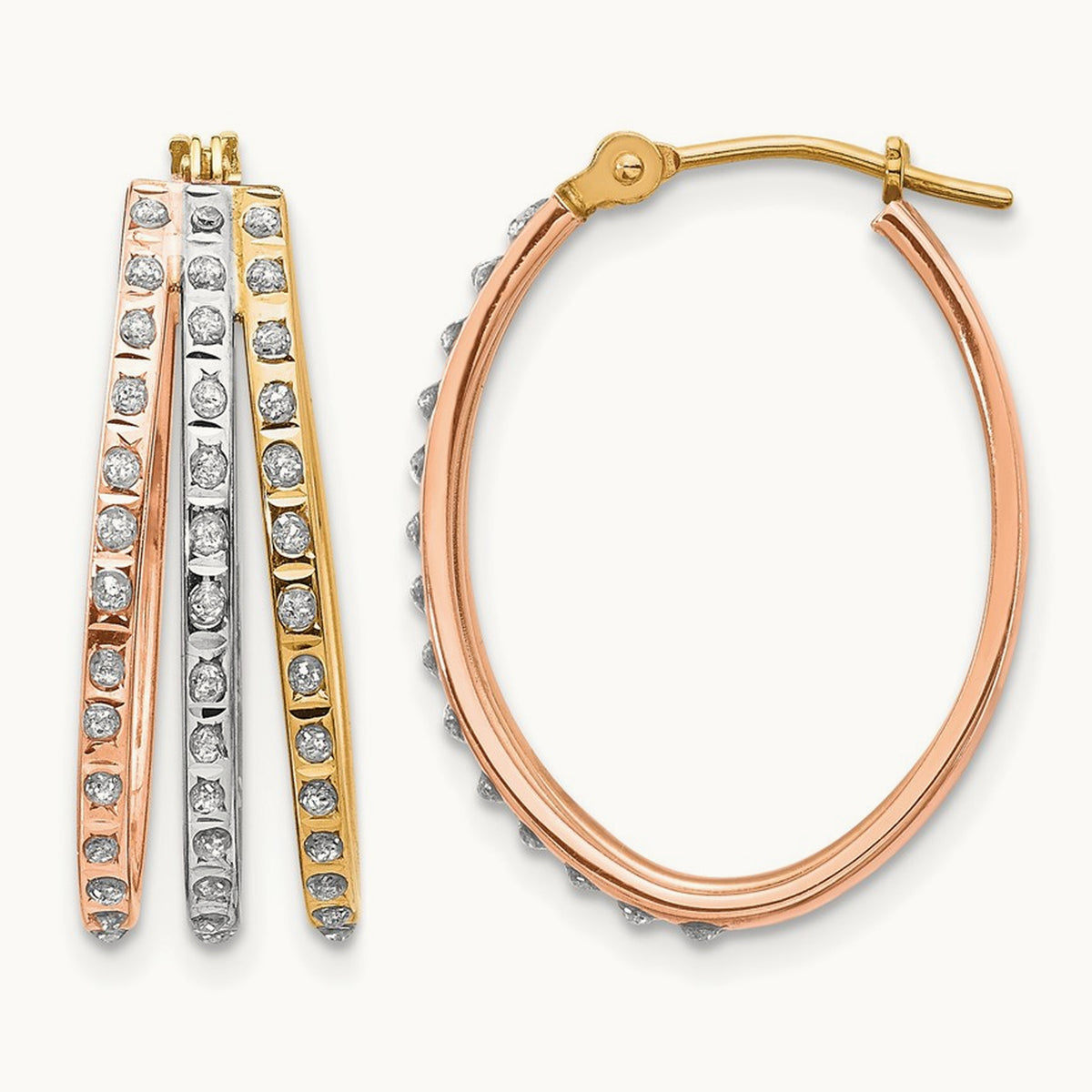 Tri-color Diamond Fascination Dia. Dust/Accent Oval 3 Hoop Earrings, 14K