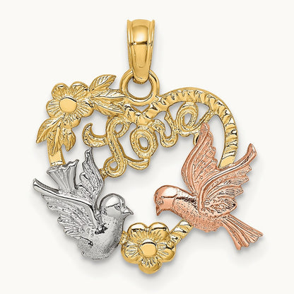 w/Rhodium LOVE w/Doves Heart Charm, 14K Yellow with Rose Gold