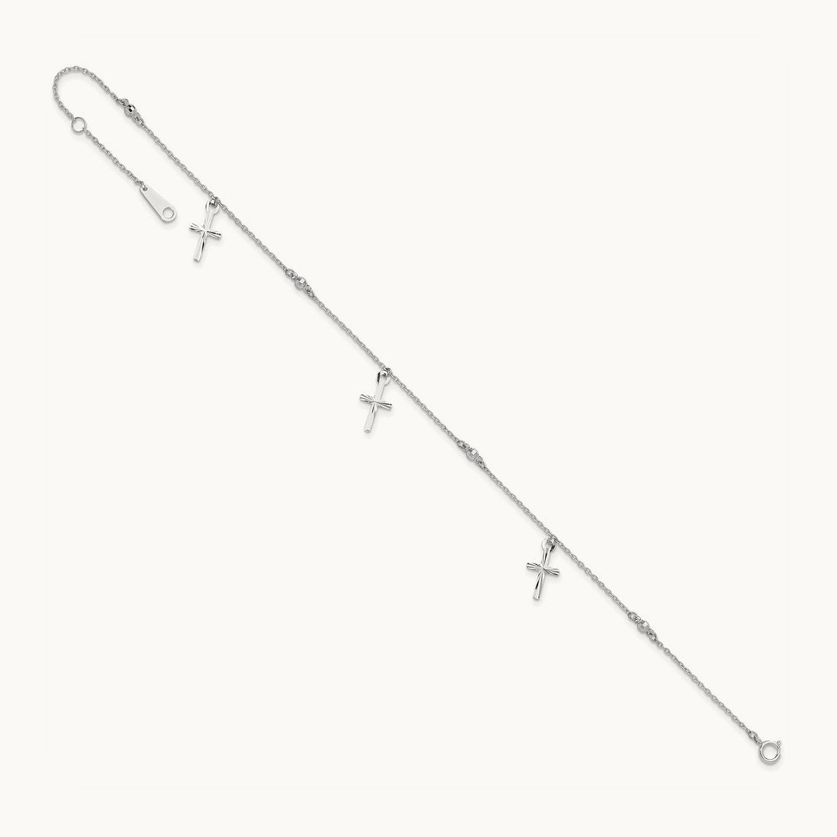 Polished and Diamond-cut Cross 9in Plus 1in extension Anklet — 14K White Gold