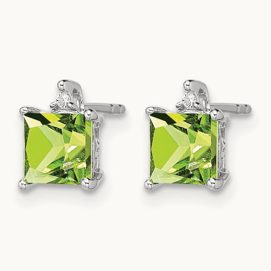 Princess Peridot and Diamond Earrings, 14K White Gold