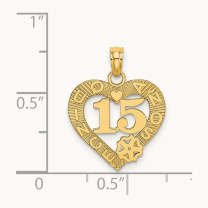 QUINCE ANOS 15 in Heart Charm, 14K