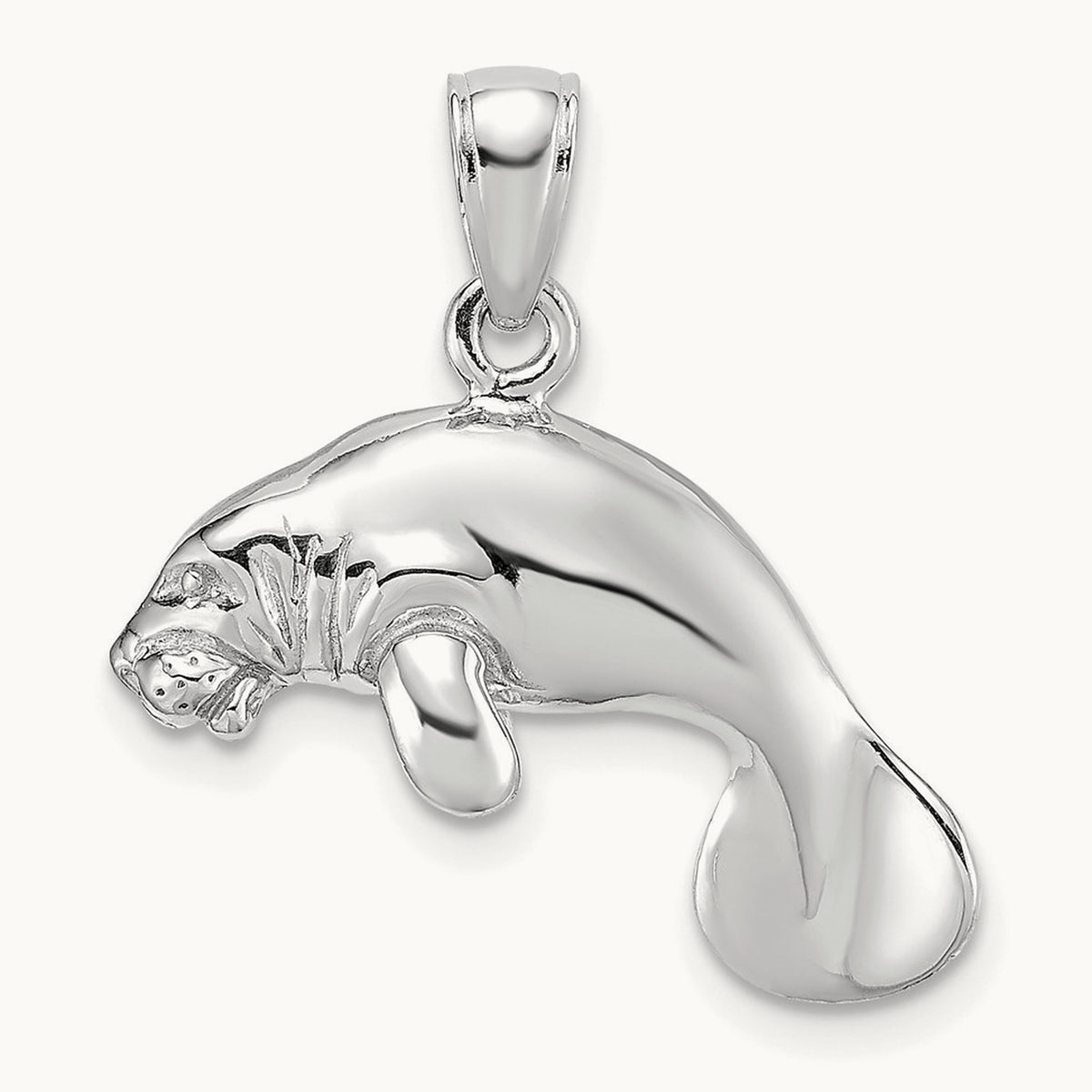 3-D Polished Swimming Manatee Charm — 14K White Gold