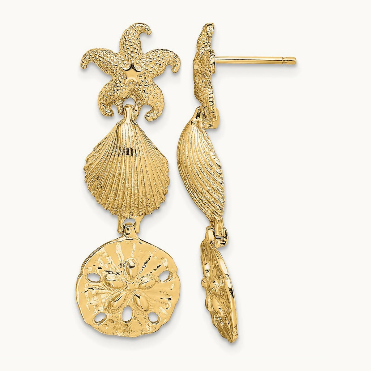 Starfish, Shell ,Sand Dollar Dangle Earrings, 14K