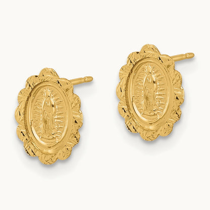 Diamond Cut Miraculous Medal Post Earrings, 14K