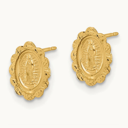 Diamond Cut Miraculous Medal Post Earrings, 14K