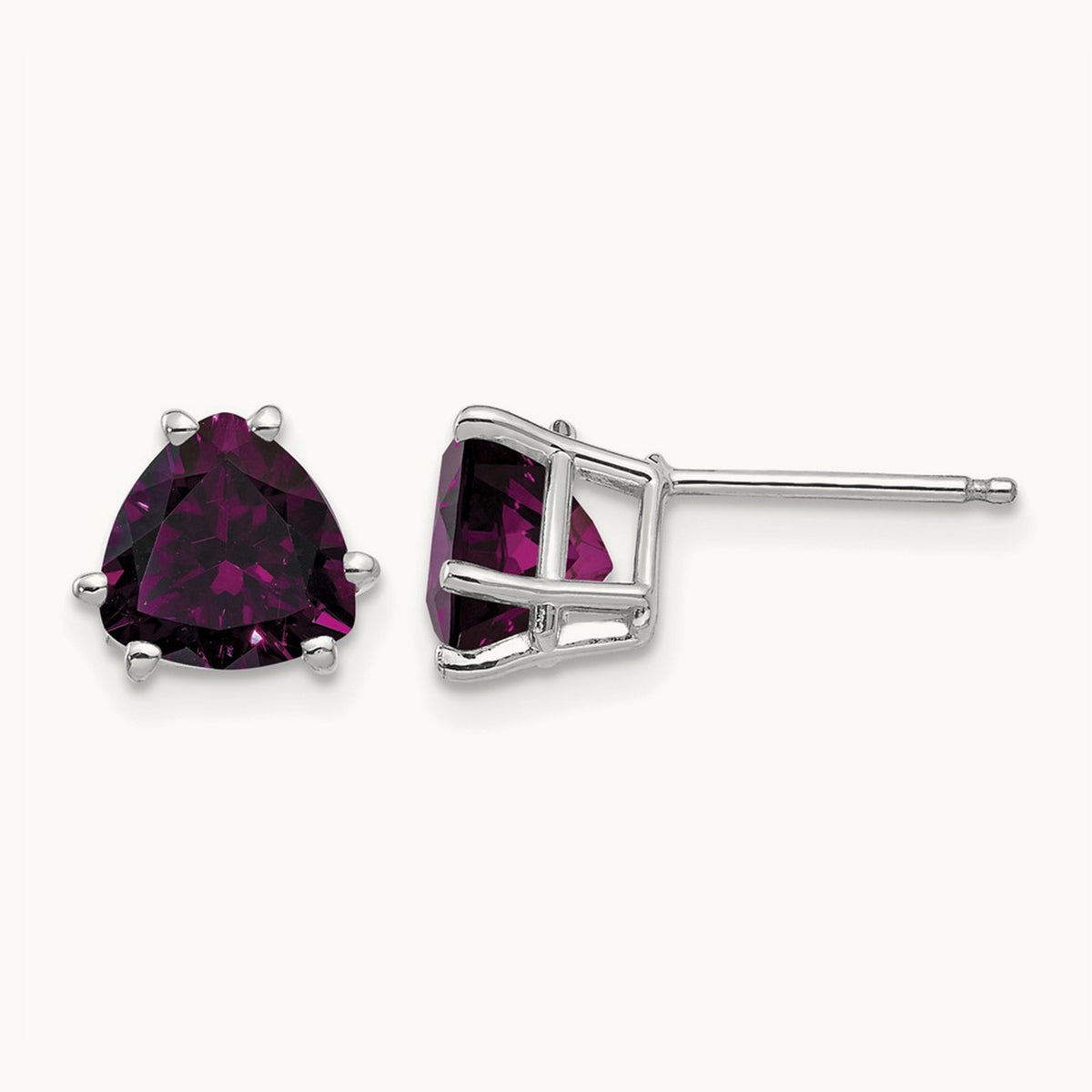 Rhodolite Garnet Trillion Stud Earrings, 14K White Gold