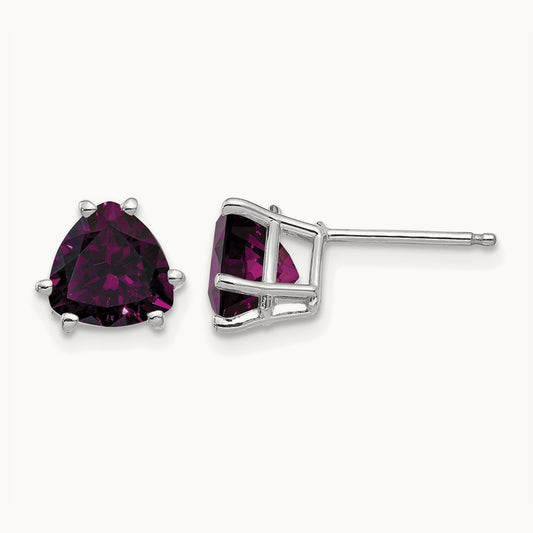 Rhodolite Garnet Trillion Stud Earrings, 14K White Gold