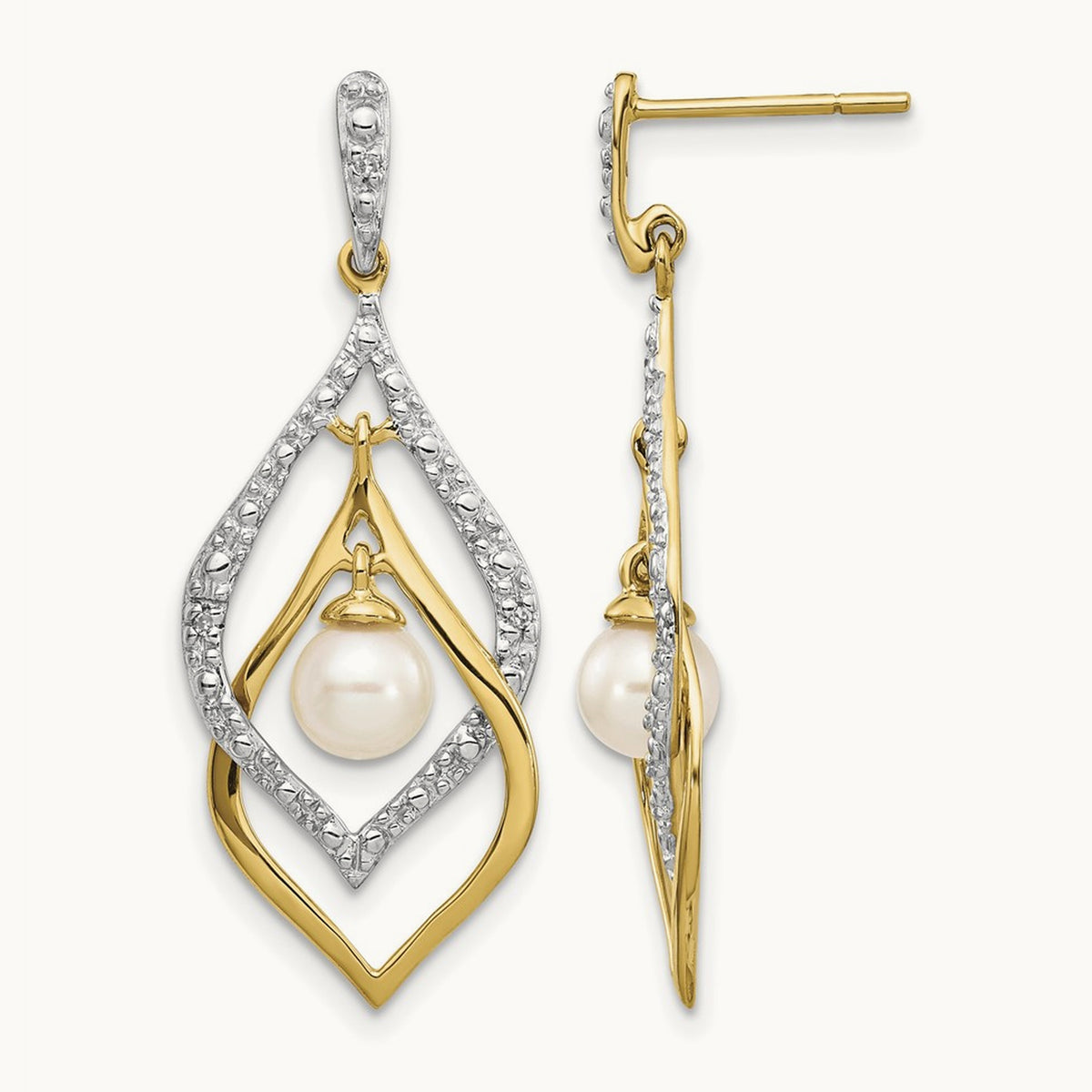 5- White Round FWC Pearl .02ct Diamond Dangle Earrings, 6mm, 14K