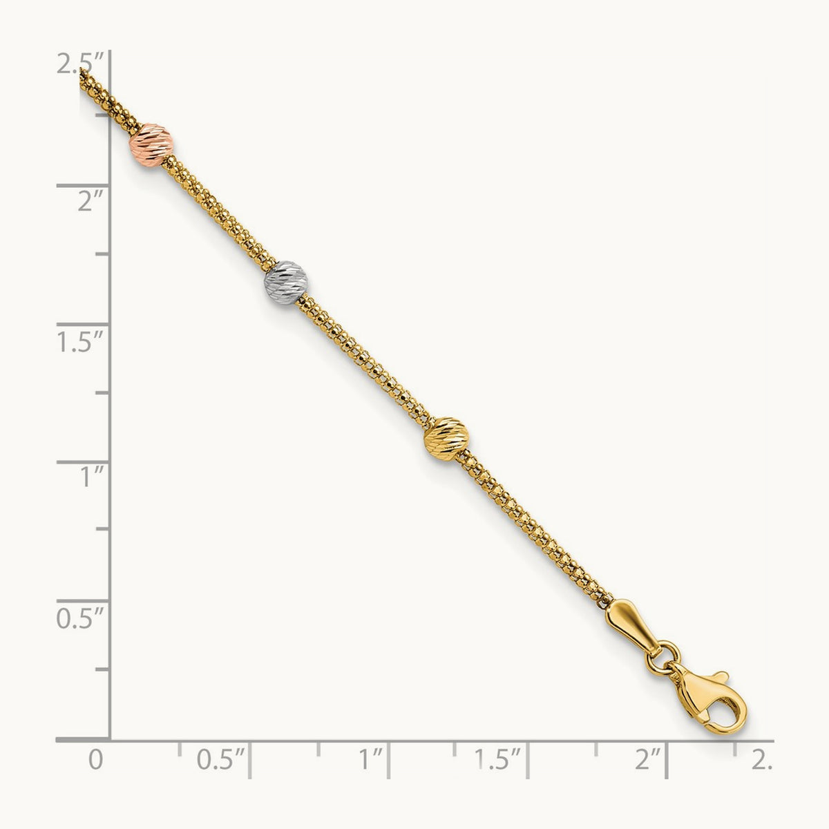 Tri-color Diamond-cut 7-Station Bead and Chain Bracelet, 14K