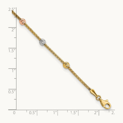 Tri-color Diamond-cut 7-Station Bead and Chain Bracelet, 14K