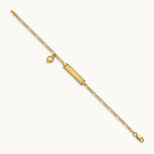 Dangling Heart Children's Figaro Link ID Bracelet, 14K