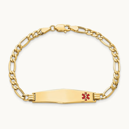 Semi-Solid Medical Soft Diamond Shape Red Enamel Figaro ID Bracelet, 14K