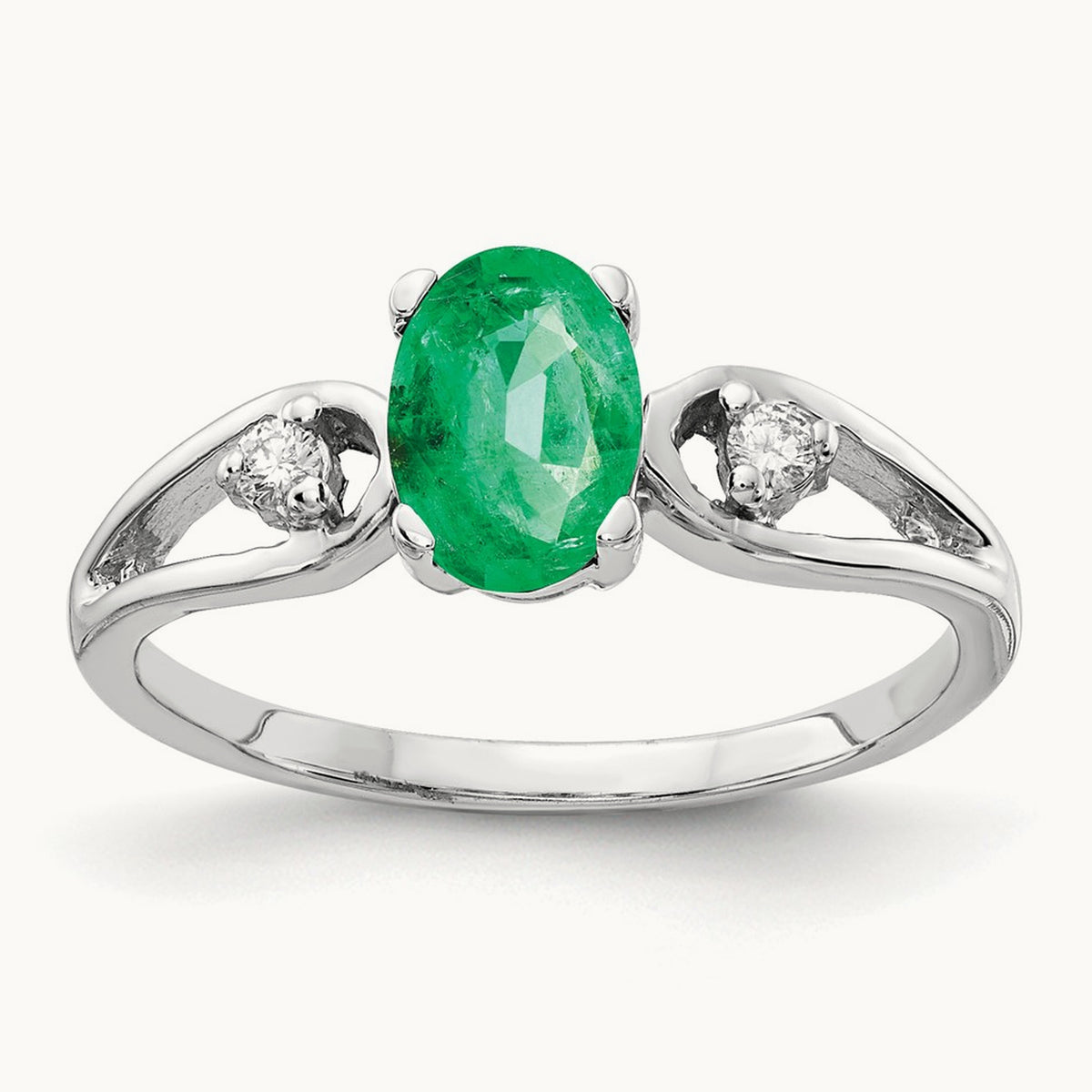 7x5mm Oval Emerald AA Diamond ring, 14K White Gold