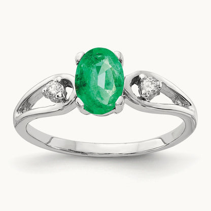 7x5mm Oval Emerald AA Diamond ring, 14K White Gold