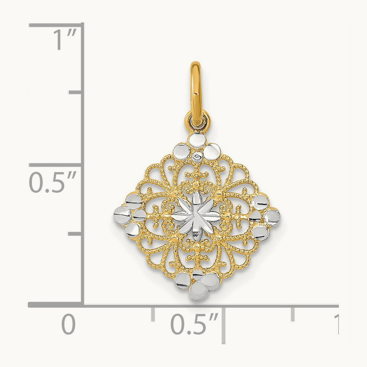 w/Rhodium and D/C Filigree Medallion Charm, 14K