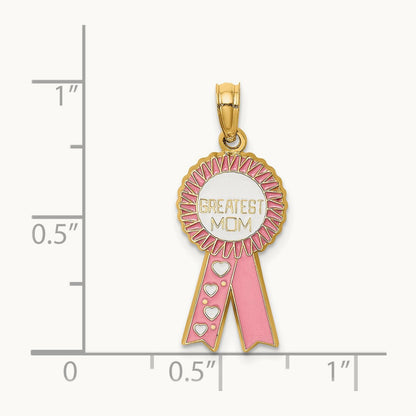 Enamel GREATEST MOM Pink RIBBON Charm, 14K