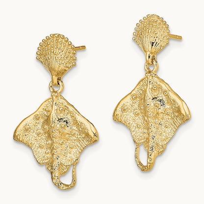 Shell and Stingray Post Dangle Earrings, 14K