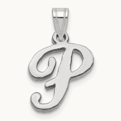 White Gold Script Letter P Initial Pendant, 14K White Gold