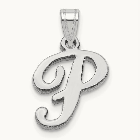 White Gold Script Letter P Initial Pendant, 14K White Gold
