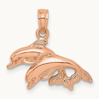 Polished Double Dolphins Jumping Left Charm — 14K Rose Gold