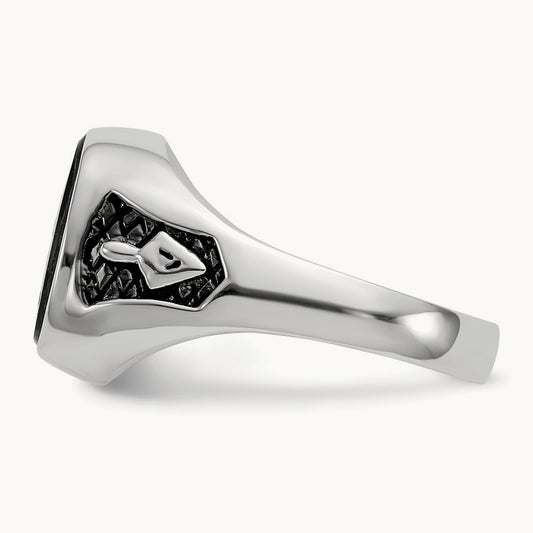 Men's Polished & Textured w/ Black Enamel & Onyx Masonic Ring, 14K White Gold