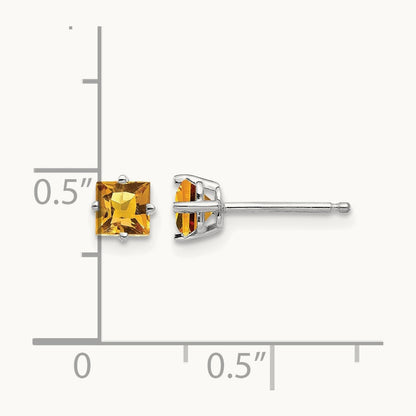 Princess Cut Citrine Earrings, 4mm, 14K White Gold