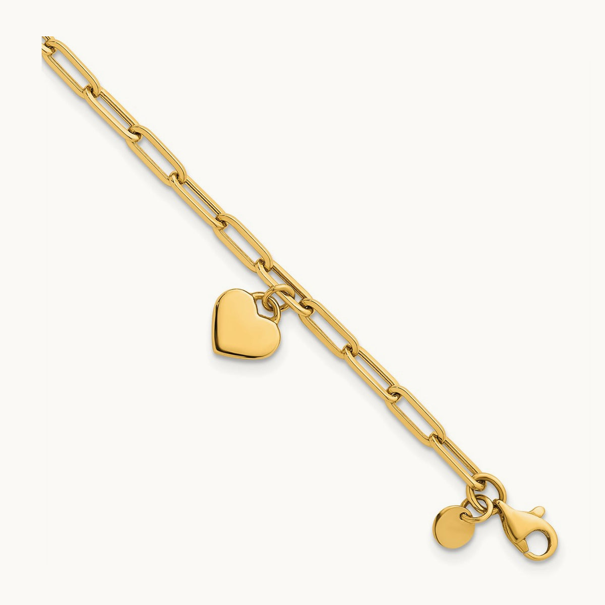Polished Dangle Heart 7.25in Paperclip Bracelet, 14K