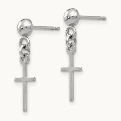 Polished Cross Dangle Post Earrings — 14K White Gold, 20.5mm