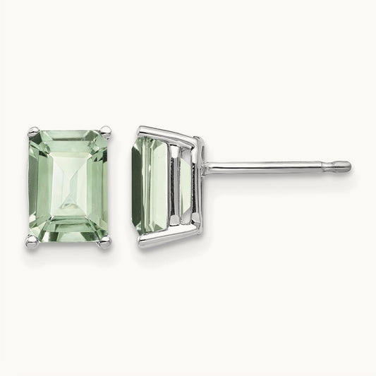 7x5mm Emerald-Cut Green Quartz Earrings, 14K White Gold
