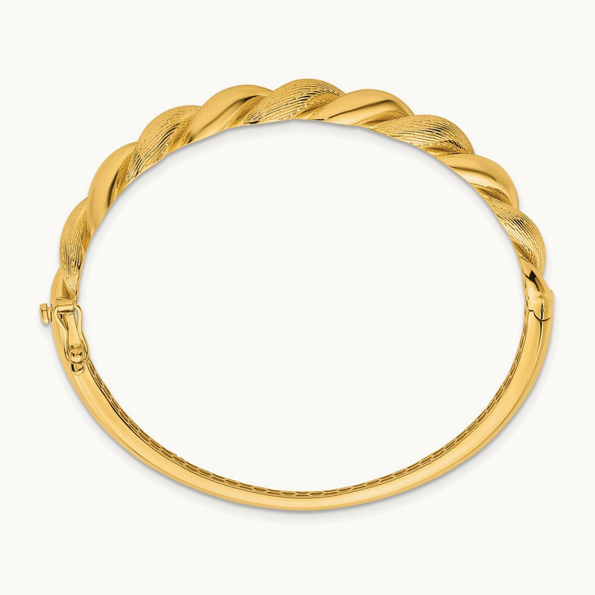 Polished Twisted Textured Hinged Bangle Bracelet, 14K