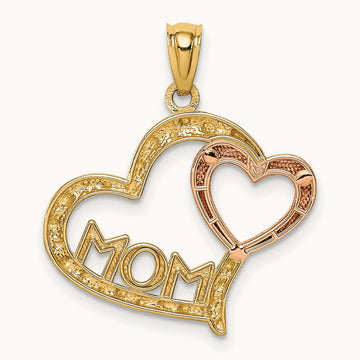 w/White Rhodium Diamond-cut MOM in Heart w/Heart Pendant, 14K Two-tone